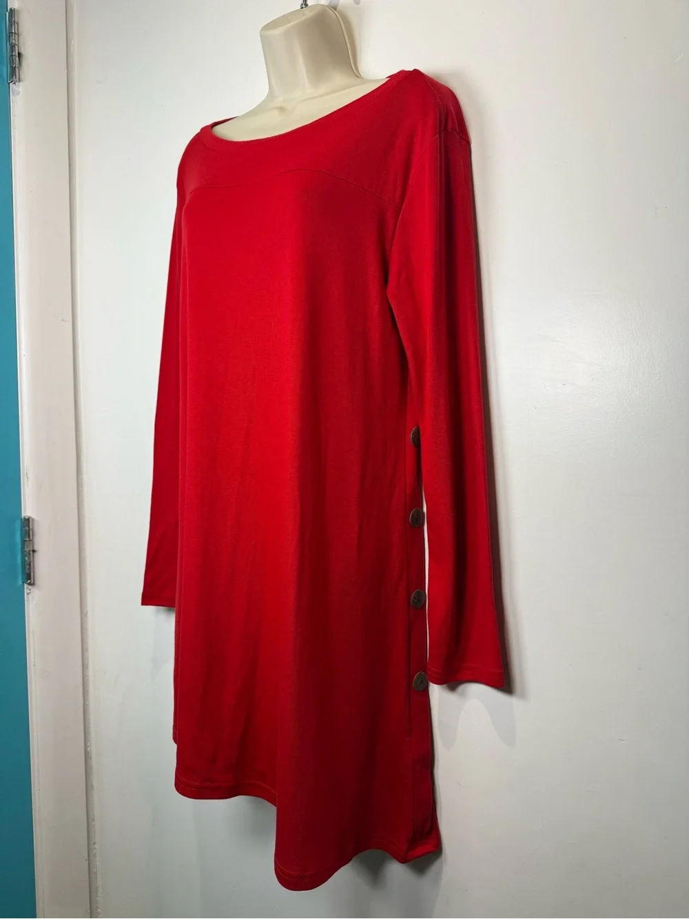 Korsis Red Knit A-Line Knee Length Dress L Long Sleeve Scoop Neck Pullover
